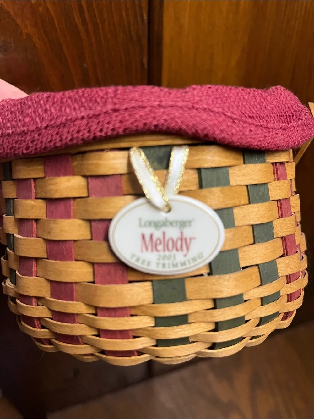 Longaberger Woven Melody 2003 Tree Trimming Basket-Burgundy Liner and Protector